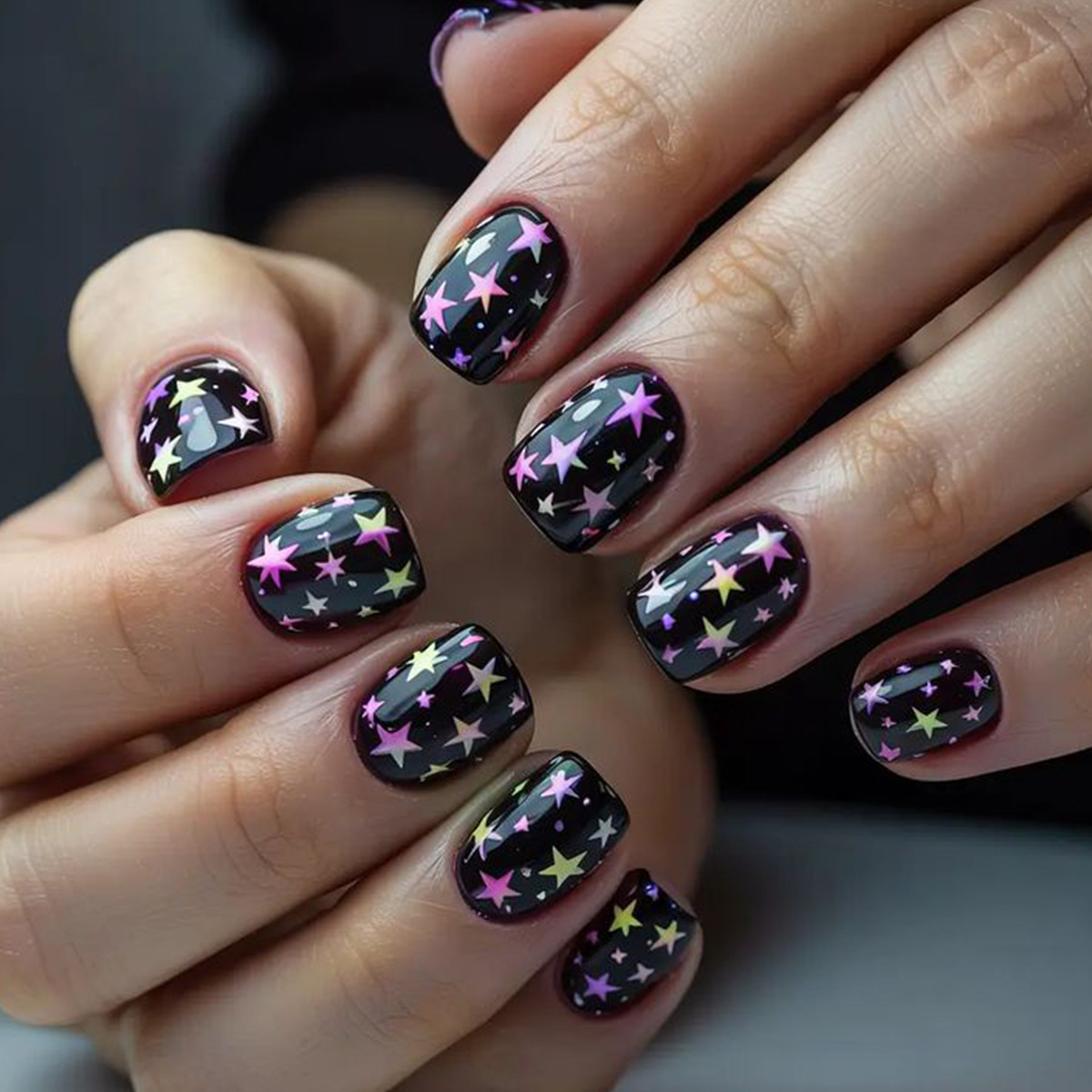 Nail Art Full Design - 24 Adet Renkli Aurora Yıldız Desenli