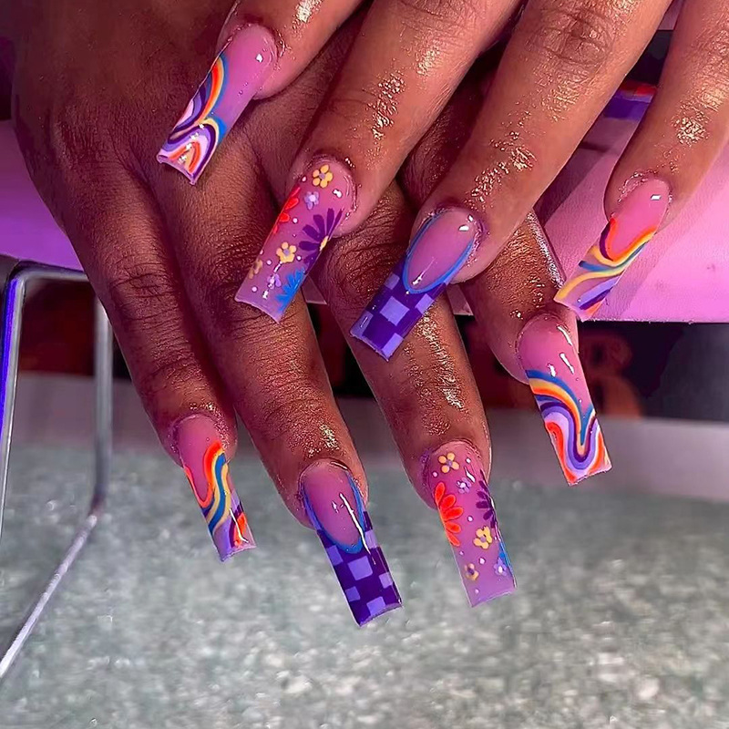 Nail Art Flower - 24 adet Uzun Kare Mor Yanlış